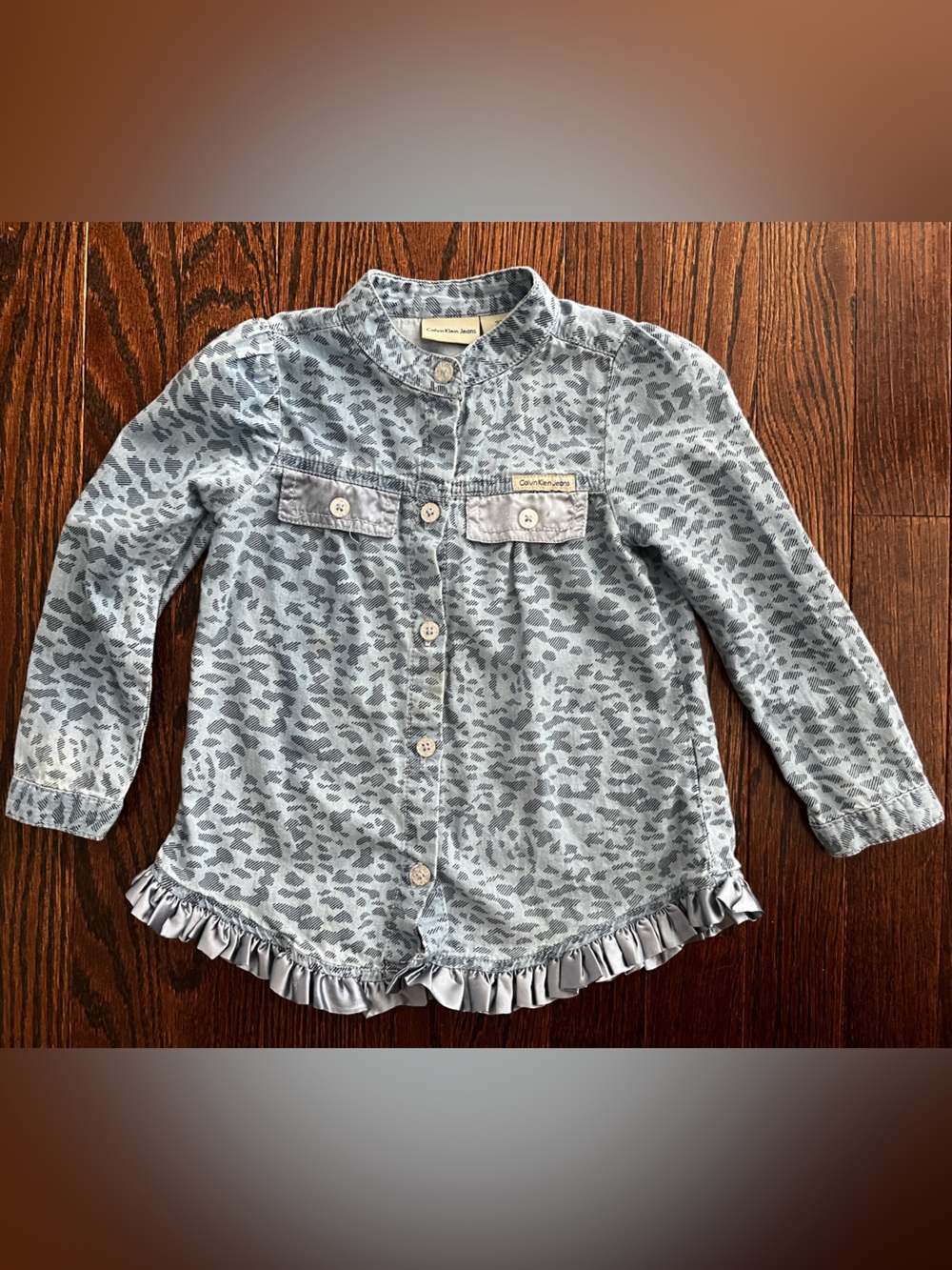 Calvin Klein Jeans Light Gray Leopard Print Ruffle Hem Denim Jacket